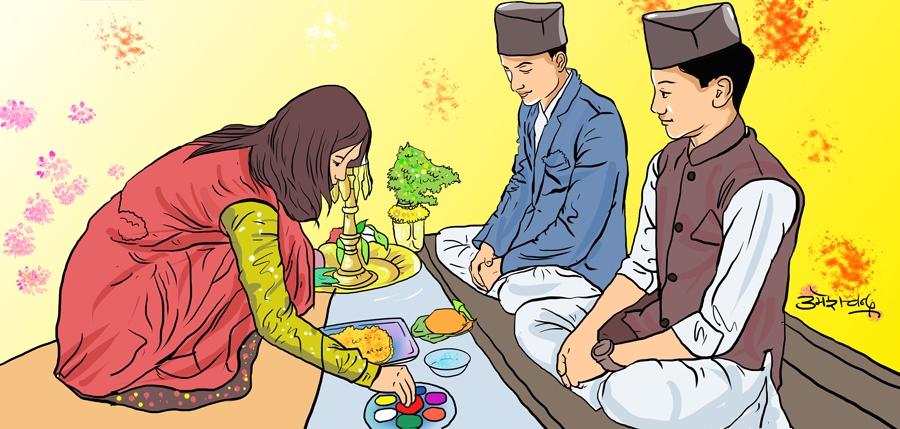 भाइटीकामा परदेशीको पीडाः घर परिवारको याद भुल्न एकापसमै टीका